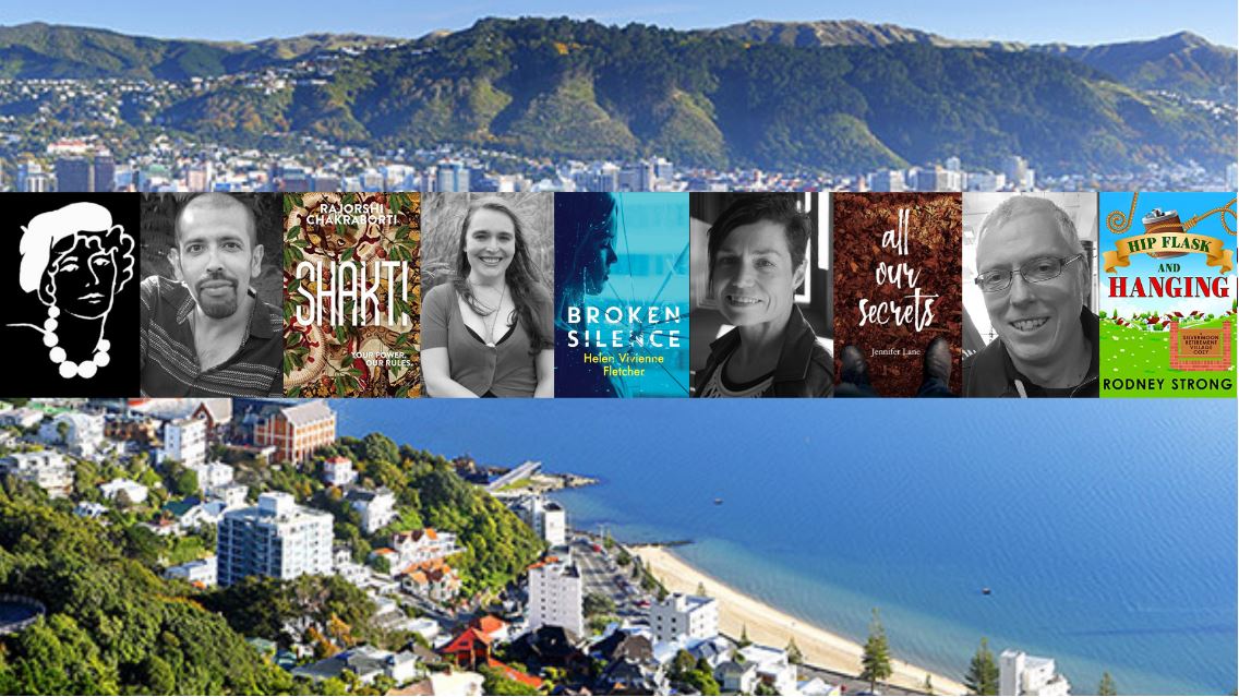 Pictures of authors together with their book covers, superimposed over a picture of Wellington harbour