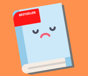 Illustration of a book with a bestseller sticker and a sad smileon it
