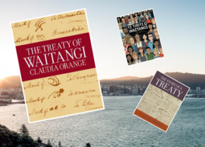 Books about the Treaty, superimposed over the harbour