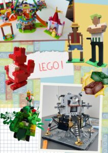 Lego creations - a dragon, a moon landing module, a person, and Lego friends creations
