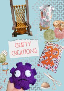 Crafty creations - a crochet monster, a mini loom weaving, a towel hoodie for after the pool