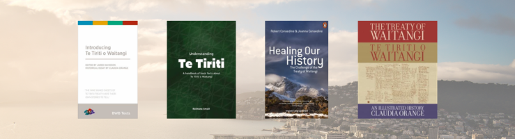 Te Tiriti books pictured against a backdrop of Te Whanganui-a-Tara