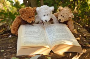 Three teddy bears reading a book in the sun