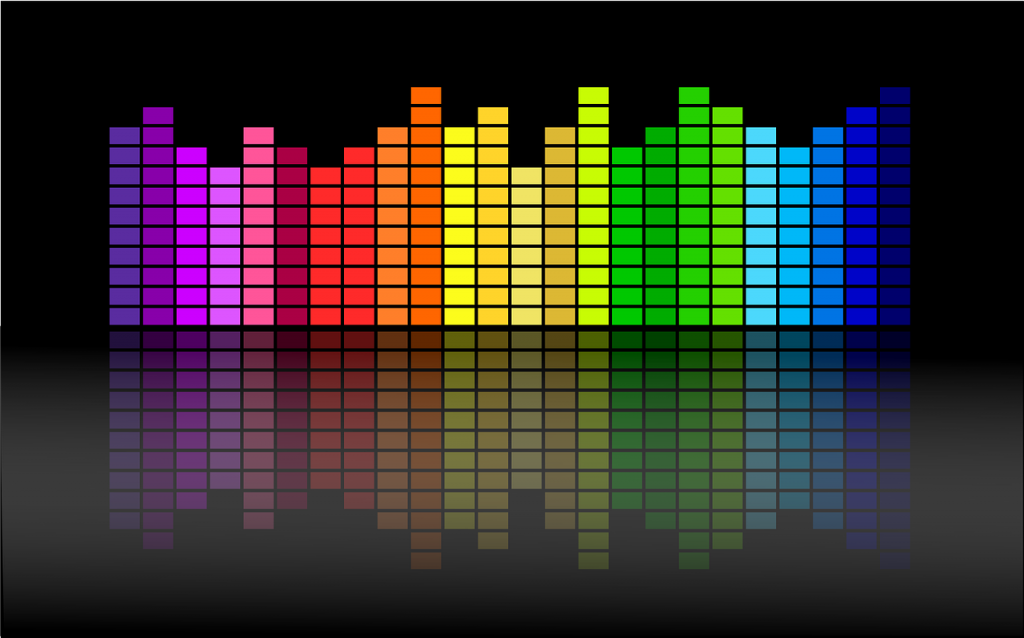 Image of digital equaliser software displaying rainbow-coloured volume bars at different heights.