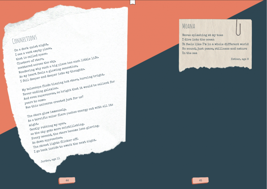Two-page spread from the Tūhono eBook, featuring poems by Jordan, 11, and Esther, 8.