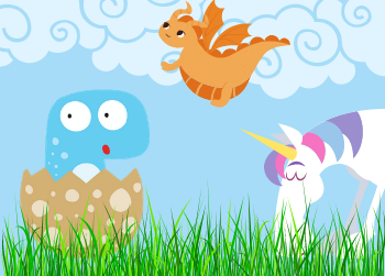 Drawn image of a baby dinosaur hatching from its shell, a small orange dragon flying in the sky, and a unicorn happily munching on some grass.