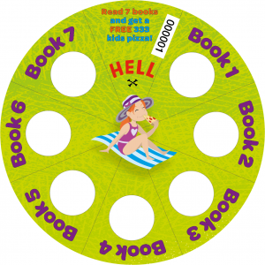 A circular card divided into seven segments, each of which has a space to be stamped by a librarian. once seven segments are stamped, the card can be redeemed for one free 333 kids' pizza at any Hell Pizza store.