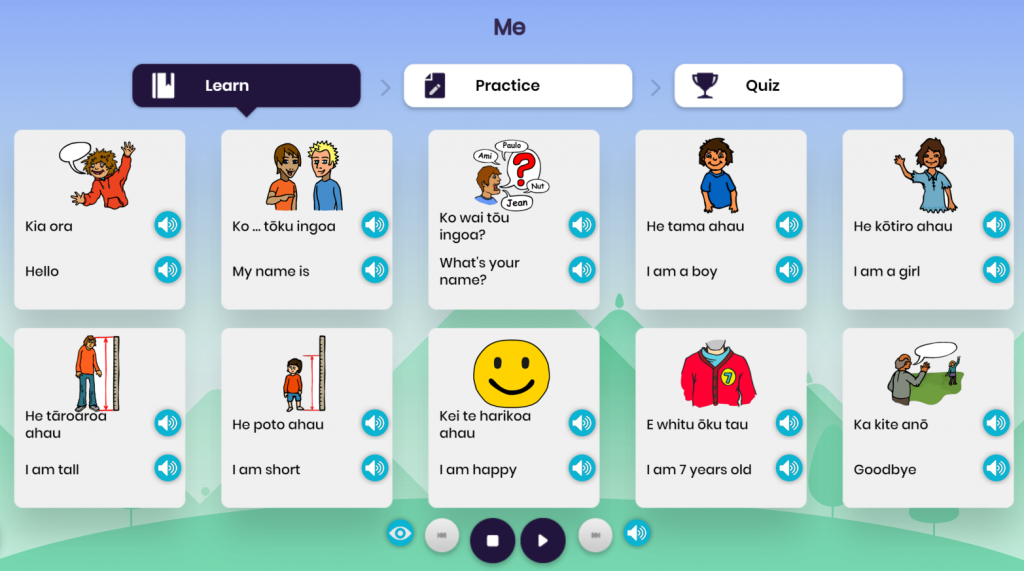 A screenshot of the first stage in the Language Nut te reo Māori course, featuring simple greetings in both written and audio form.