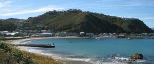 The photo is taken from the west end of Island Bay, looking out over the beach and hills in the distance.