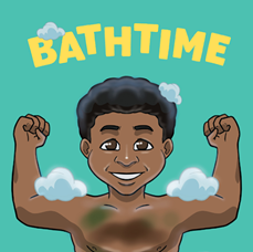Picture of tongan boy with soap bubbles and the word bathtime above
