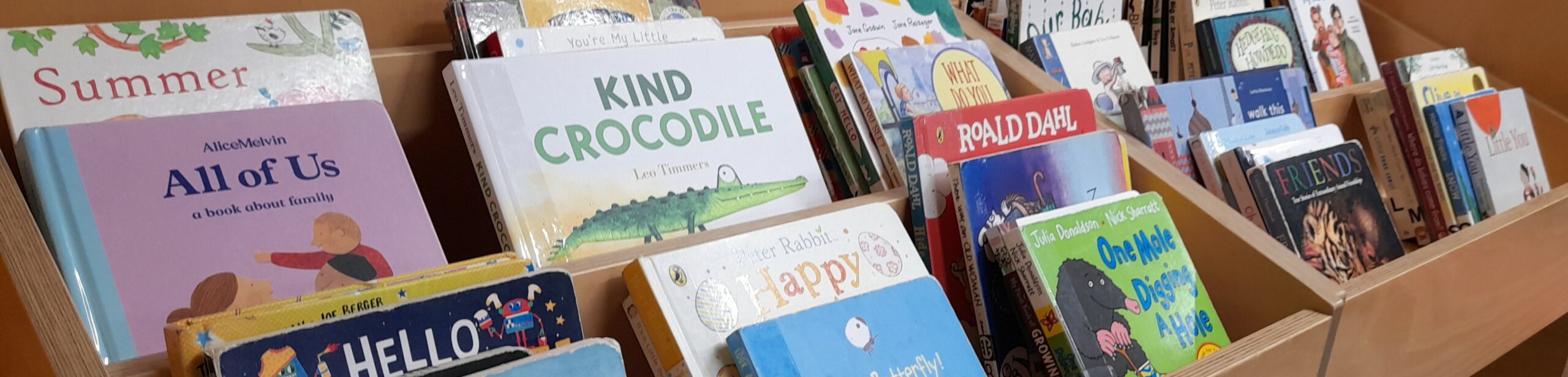 Board books in face-out wooden shelving