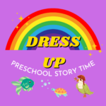 rainbow background, title dress up preschool storytime