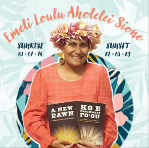 A photo of Emeli Sione wearing a floral headdress, holding the English and Tongan versions of her book 'A New Dawn.' Above is the following text: "Emeli Loulu Aholelei Sione. Sunrise 01.07.74. Sunset 22.08.23." 