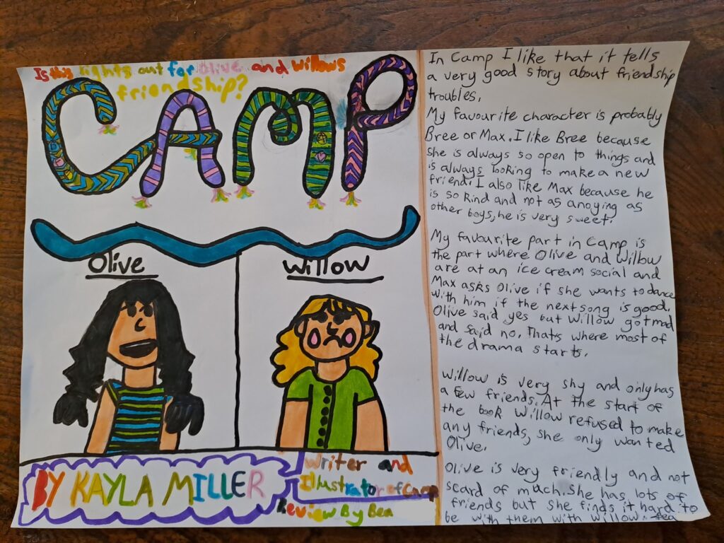 Picture review of Camp. Drawn with coloured felt pens, the left side has pictures the characters Olive and Willow. The right side has a written review.