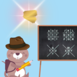 A beaver holding a pencil looks at a board explaining the pigpen code, under a pair of glowing golden tickets