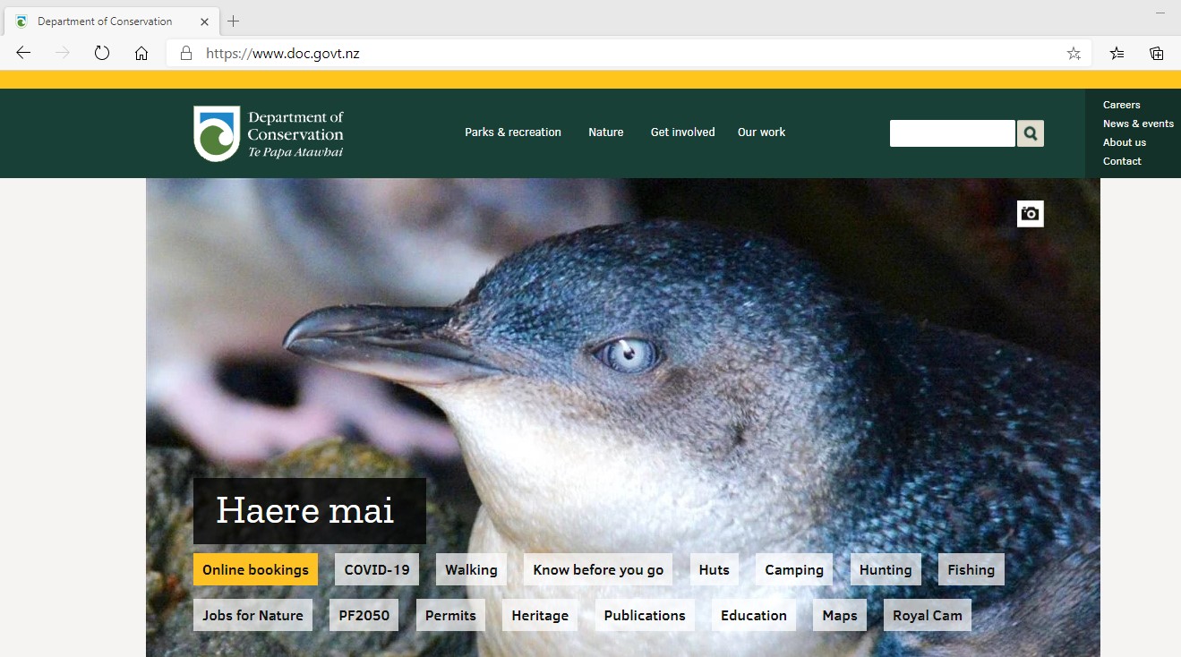 Image of the Department of Conservation website, front page
