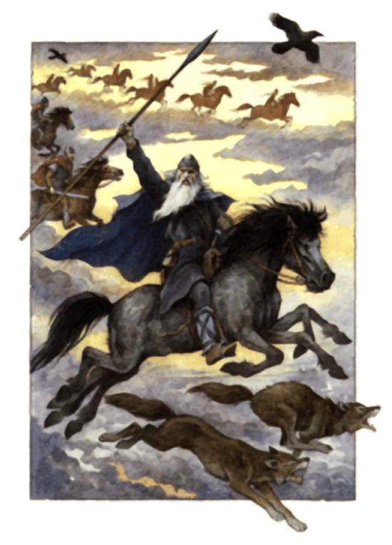 Image of the Norse God Odin riding Sleipnir during the Wild Hunt