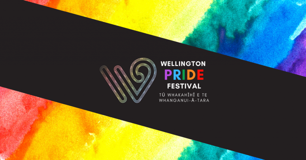 Wellington Pride Festival logo, dark field, rainbow design surrounding