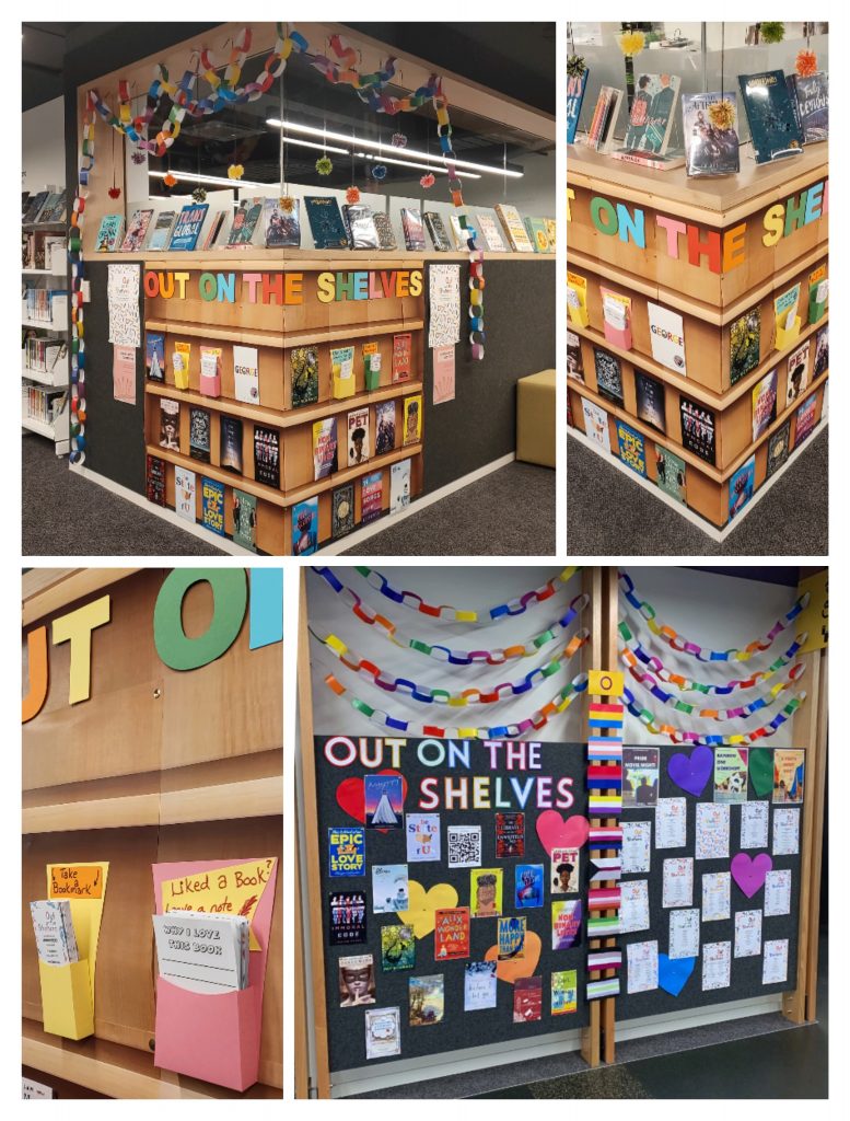 A collage of four pictures of two displays, clockwise from the left they are: first the whole upstairs display around the corner that sticks out into the young adult area. A large picture of a bookshelf has been stuck to the wall, on these shelves are the heading “Out on the Shelves”, holders for bookmarks, and pictures of book covers. Along the top are real books on stands. Hanging from above are rainbow paper chains and pompoms in pride flag colours. The second picture is a close-up of the fake bookshelves. The third picture is of the second display in the downstairs area. There are rainbow paper chains along the top, then a colourful heading of “out on the shelves”. On the left side are pictures of book covers, on the right side are posters of the Out on the Shelves booklists. Between the two sides is a vertical line of pride flags. The last picture is a close-up of a bookmark holder on the first display.