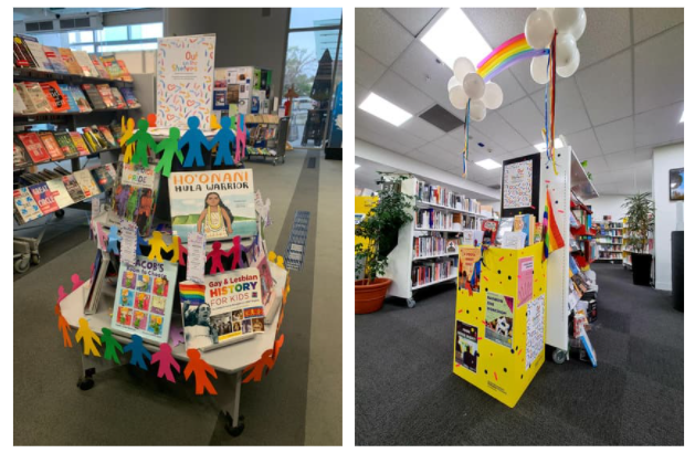 A collage of two displays. Left: A rainbow pyramid of books at Karori Library, decorated with person-shaped cutouts in various colours. Right: A brightly-coloured display of books at Arapaki Library, decorated above with rainbow streamers and balloons.