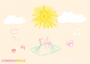 image from Commonspace website. Depects a sun and a minimal landscape in crayon scribbles.