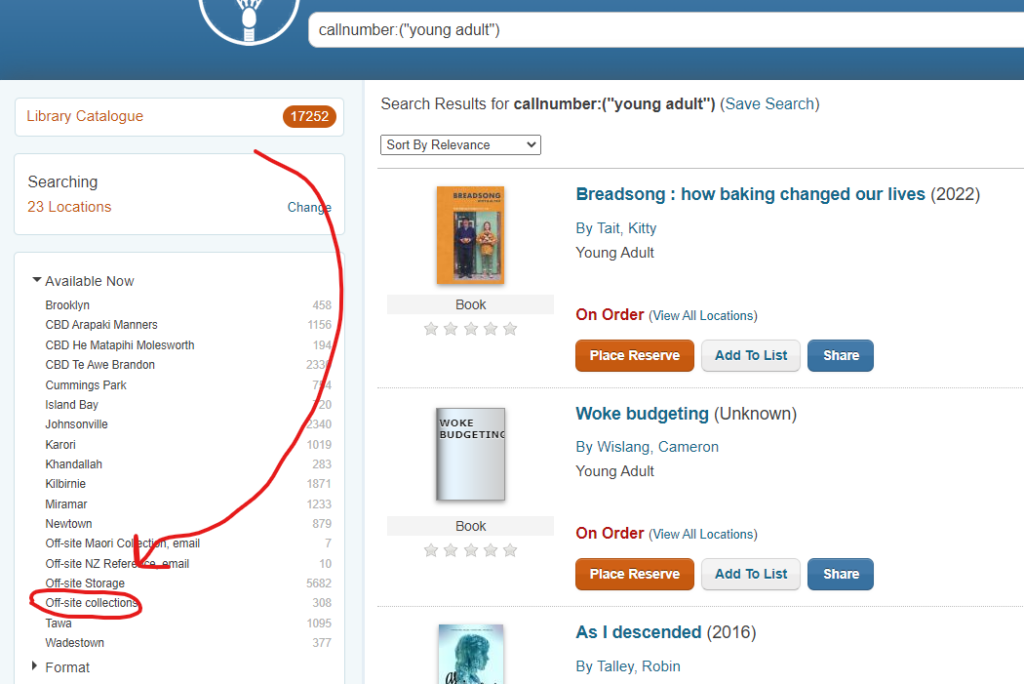 A screenshot of WCL's online catalogue. In the search bar, the words "Young adult" have been entered, and there is a red arrow pointing towards "Off-site collections" in the locations list on the left-hand side of the screen.
