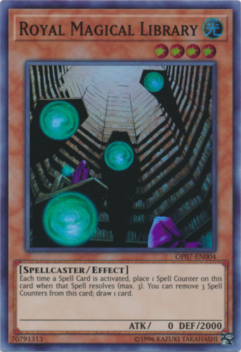 Trading card illustrated with a large magic library. 