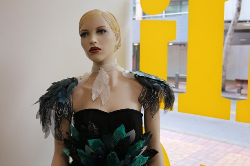 A Wearable Art garment made of fake feathers displayed on a mannequin in a library window.