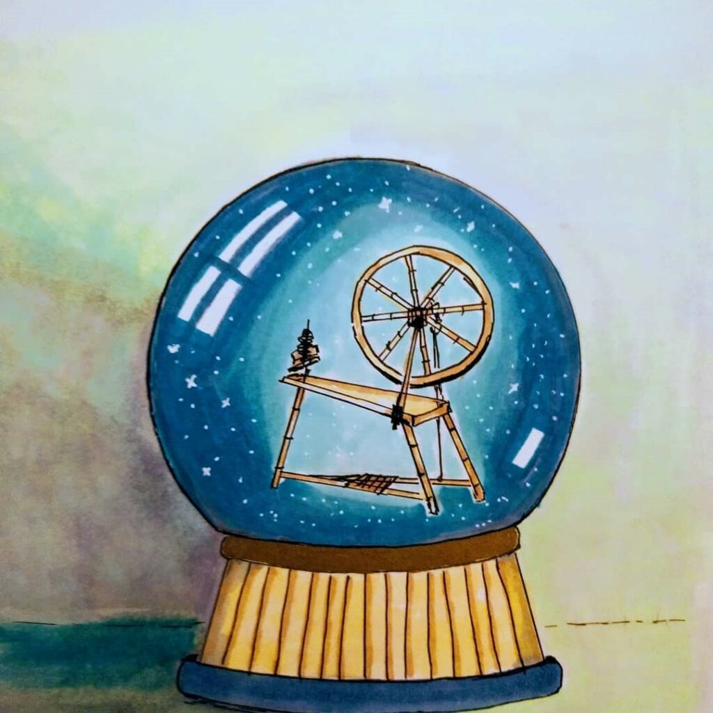 Artwork of a globe ornament with a loom wheel inside of it