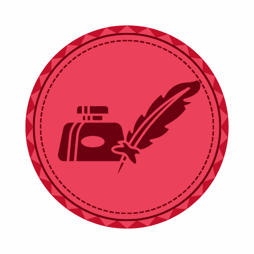 Scout badge of a quill and inkpot set against a red background.