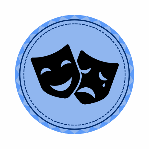 Scout badge of two drama masks set against a blue background.