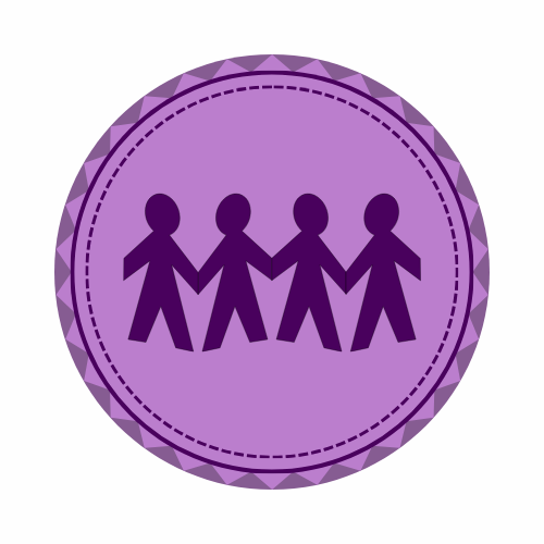 Scout badge of four paper dolls holding hands, set against a purple background.
