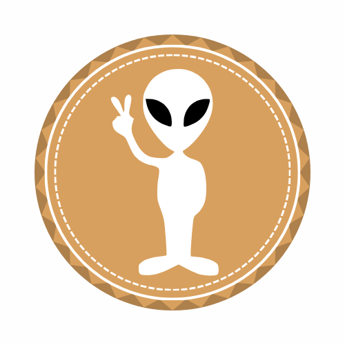 Scout badge of an alien doing peace fingers, set against a brown background.