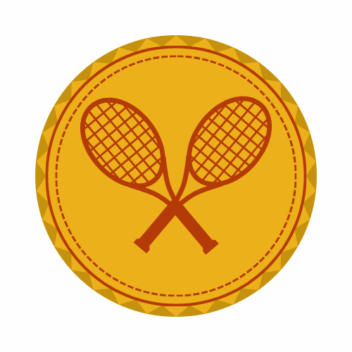 Scout badge of two crossed tennis rackets set against an orange background.