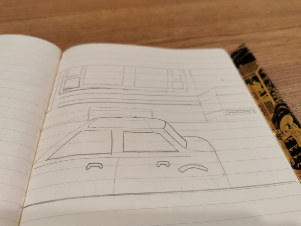 A lined notebook page with a sketch or a car in front of a shopfront