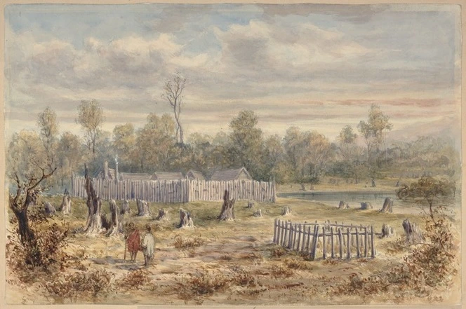 Page, George Hyde, 1823-1908. [Page, George Hyde] 1823-1908 :Boulcott's Stockade in the Hutt Valley N. Z. 1846. Graves of soldiers 58th Reg. Ref: B-081-002. Alexander Turnbull Library, Wellington, New Zealand.