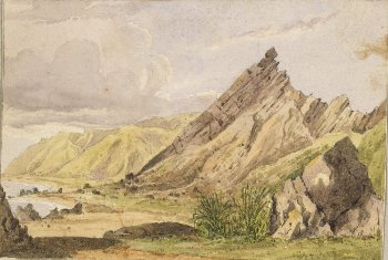 Kupe's Sail Rock, Palliser Bay, painted by William Mein Smith. Reference No. E-011-f-004, Alexander Turnbull Library, Wellington, New Zealand.