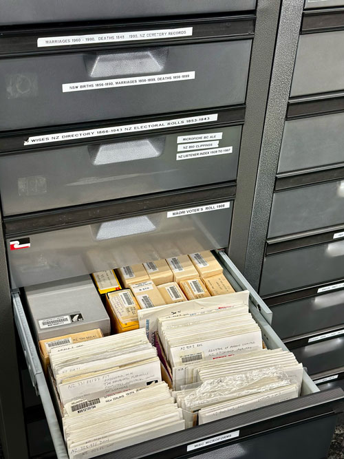Filing cabinet drawer at Taonga Tuku Iho containing Māori Land Court microfilm