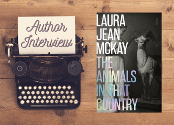 Image of a typewriter reading "Author Interviews" with an image of novel "The Animals in That Country"
