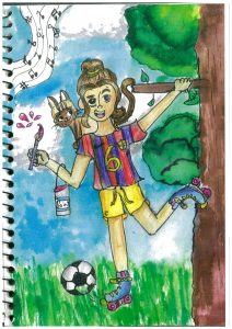 A very brightly-coloured artwork of a girl hanging off a tree branch. SHe is holding a paintbrush and kicking a soccer ball, and has a tin of paint in the crook of her elbow. She is wearing rollerblades and there is a small cat wearing a crash helmet sitting on her left shoulder.