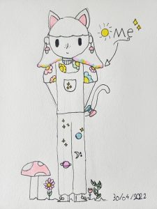 A simple line drawing of a girl standing in a field of mushrooms. She has a cat's tail and her pants have designs of planets and stars on them. Bright pops of colour accent the designs on the character's clothes as well as the caps of the mushrooms at her feet.