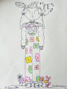 A simple line drawing of a smiling girl standing in a field of flowers. She is wearing overalls with colourful flowers on them, and flower earrings.