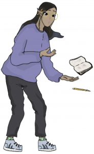 A black-haired, pointy-eared young woman wearing a purple sweatshirt and dark pants stands to the left of the frame. Her hands are outstretched; in front of her, an open book and a pencil are levitating, suspended by her powers.