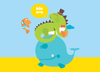 decorative graphic showing two cute whale and crocodile charactes