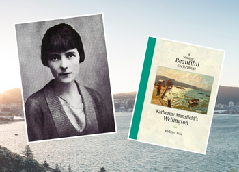 Katherine Mansfield, backdropped against Wellington harbour, with a photo of book by Redmer Yska 'Katherine Mansfield's Wellington"