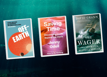 A selection of new book covers, set against a stormy sea background