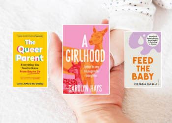 Three parenting book covers silhouetted against a baby's hand clasped with a parent's hand