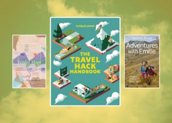 Three travel bookcovers on a background of a sky.