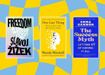 three book covers from our personal development booklist on a checkered yellow and sky blue background.
