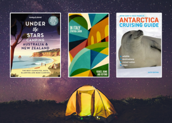 A tent silhouetted against a starry sky, with three books in foreground, about camping, travel in Italy, and travel in Antarctica
